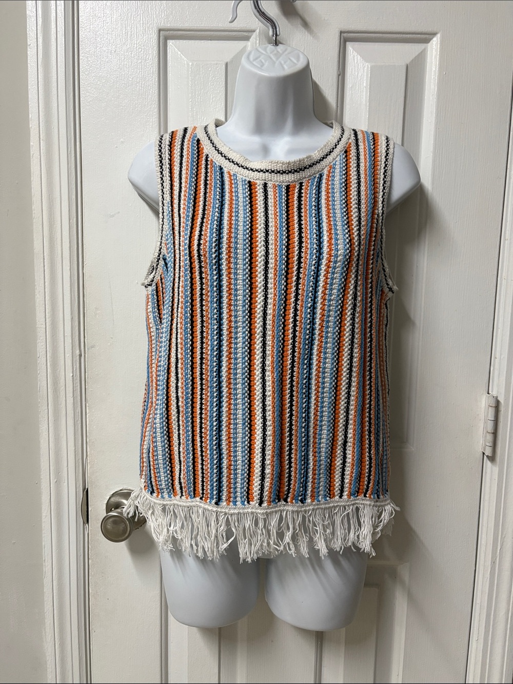 LOFT Striped Knit Fringe Tank Top - Cream, Orange & Blue